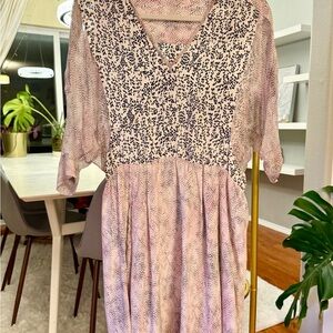 Maje Soft Pink and Black Speckled V-Neck Silk Dress